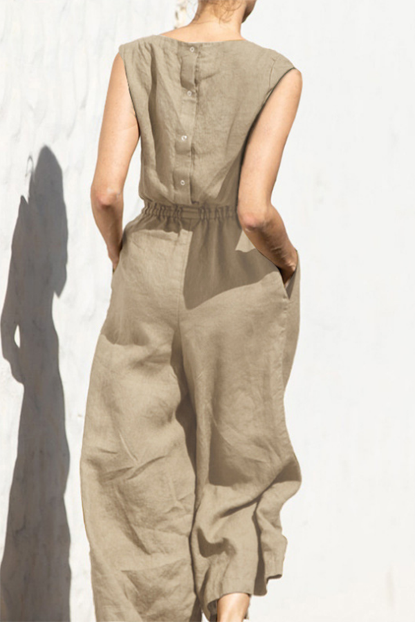 Fern Linen Blend Pocketed Button Back Elastic Waist Jumpsuit