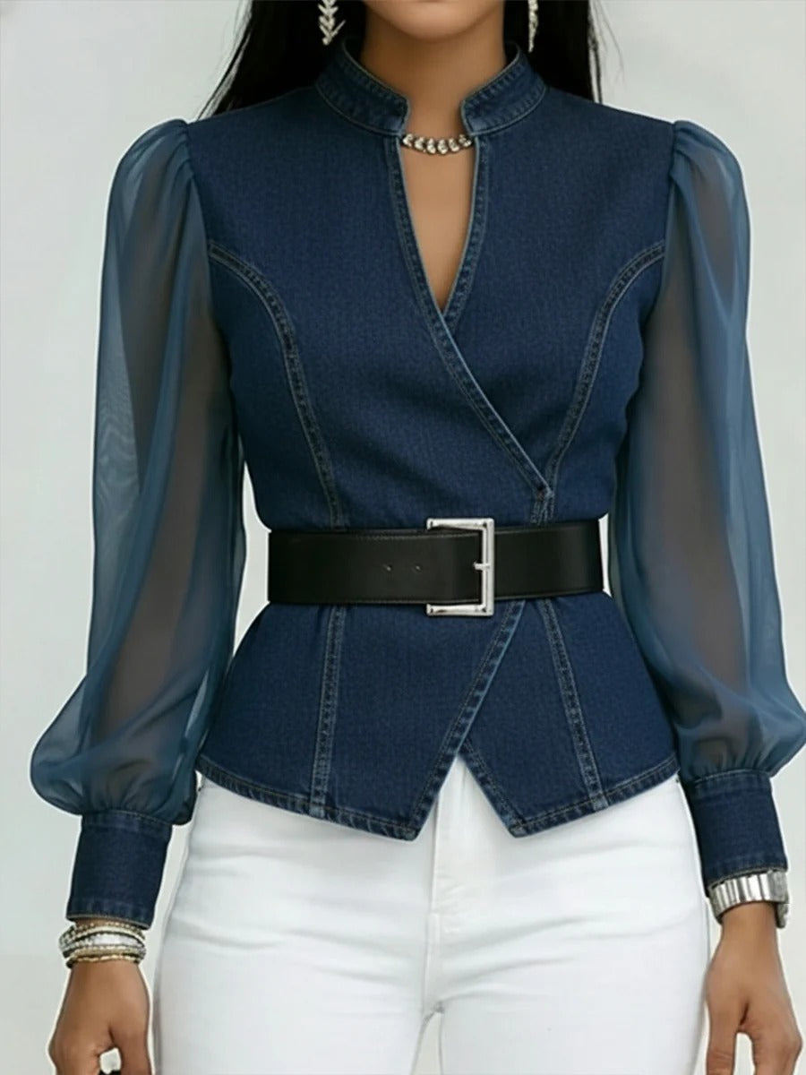 Chic Denim Wrap Blouse With Sheer Puff Sleeves