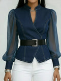 Chic Denim Wrap Blouse With Sheer Puff Sleeves