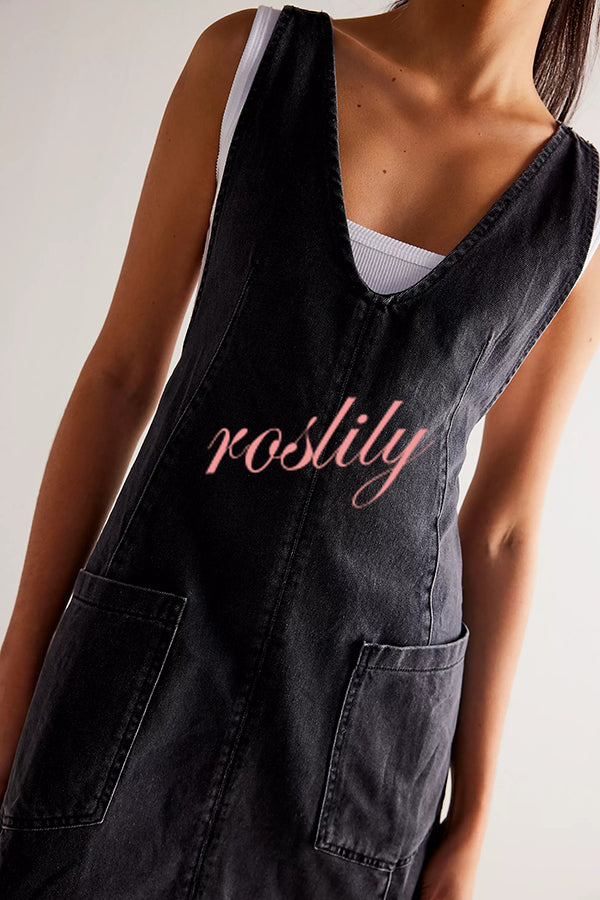 Solid Color Sleeveless V-neck Pocket Adjustable Denim Suspender Mini Dress