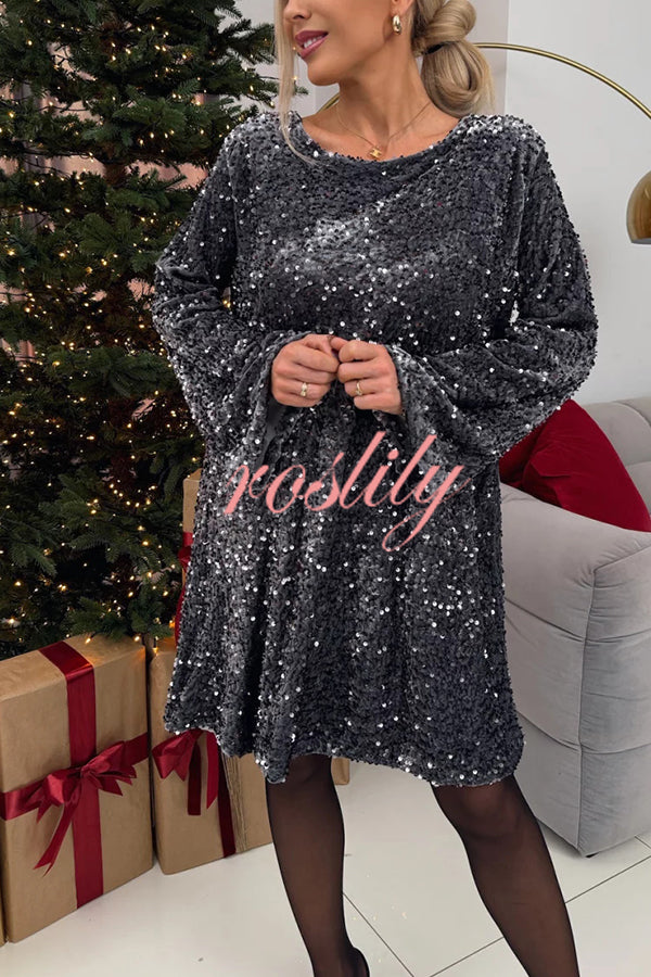 Velvet Sequin Back Bow Bell Sleeves Loose Mini Dress