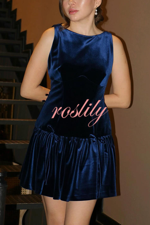 Solid Velvet Bow Embellished Sleeveless Mini Dress