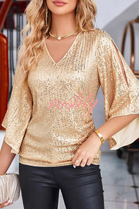 Solid Color Sequined V-neck Hollow Sleeve Slim Fit Top