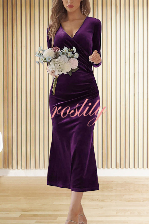 Solid Color Velvet Long Sleeve V-neck Slim Fit Fishtail Maxi Dress