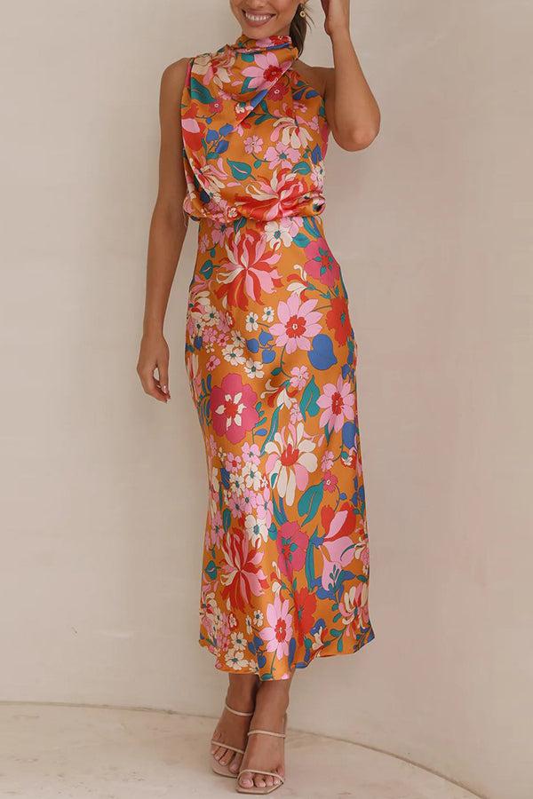 Fascinating Day Floral Halter Neck Elastic Waist Maxi Dress