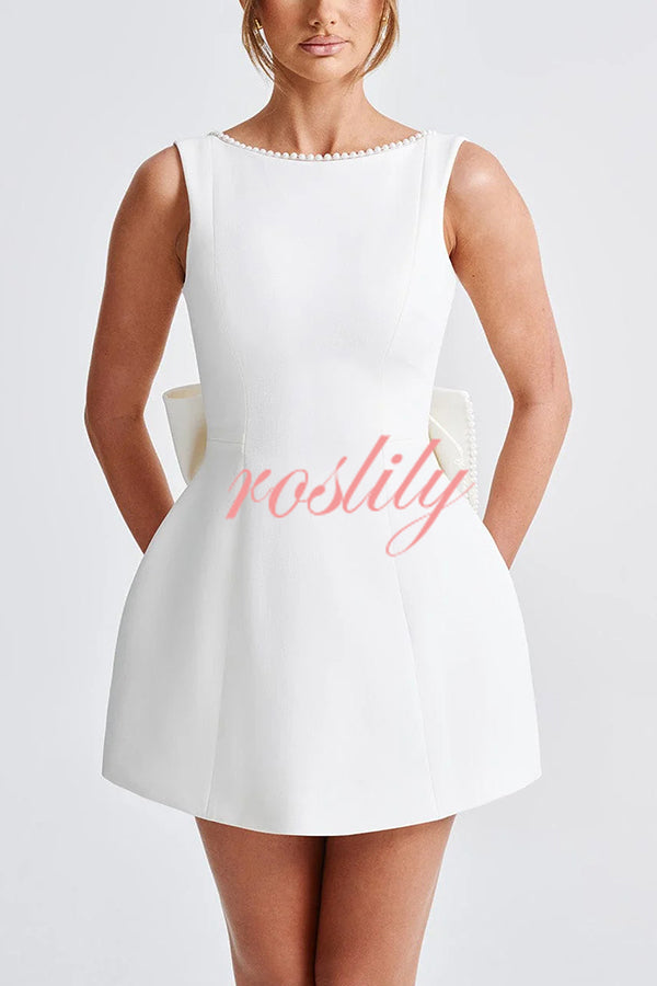 Stylish Pearl-embellished Large Bow Slim-fit Mini Dress