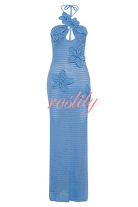 Call It Chic Knit Floral Crochet Halter Fishtail Hem Maxi Dress