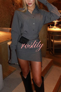 Striped Print Long Sleeve Button-Down Shirt and Hip-Wrap Mini Skirt Set