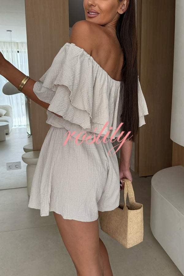 Solid Color Off-shoulder Ruffled Casual Waist Rompers