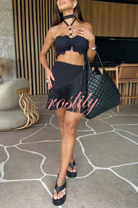 Solid Color Halter Neck Tassel Skirt Stretch Two-piece Bikini Swimsuit