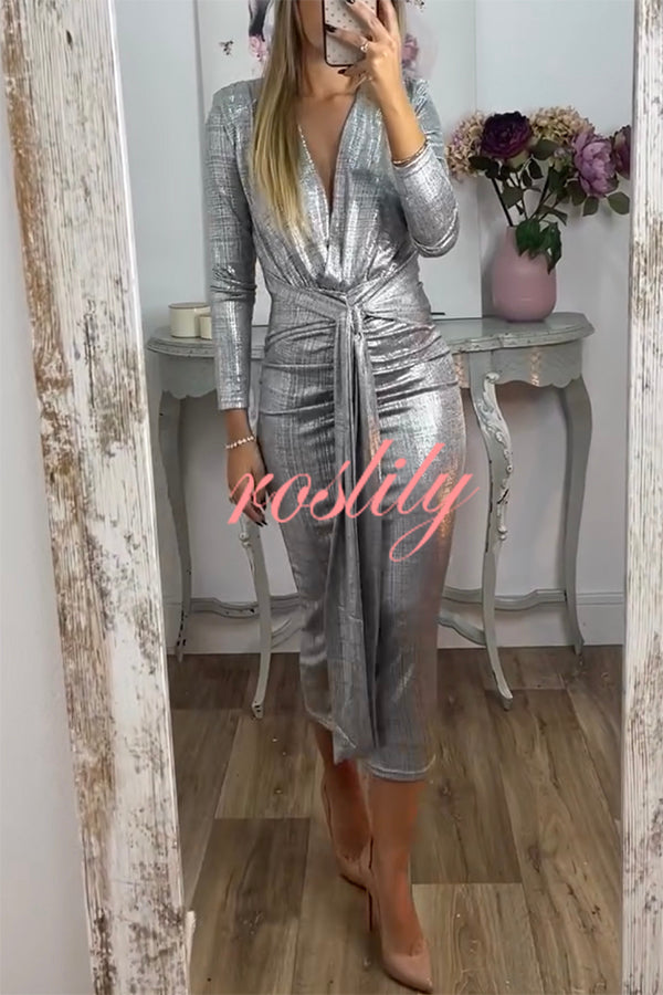 Shiny Lady Metallic Fabric Padded Long Sleeve Tie-up Ruched Midi Dress