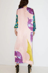 Artistic Nature Satin Unique Print Contrast Slit Relaxed Vacation Maxi Dress