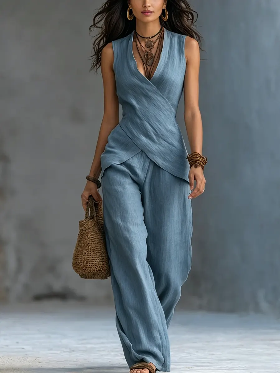 Linen Wrap Sleeveless Top & Wide-Leg Pants Two-Piece Set