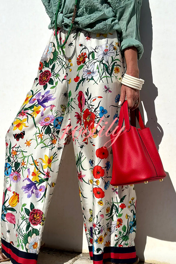 Fabulous Fiesta Satin Floral Unique Print Elastic Waist Pocketed Wide Leg Pants