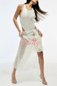 Fashion Sequin Sleeveless Fitted Rompers and Holiday Slit Maxi Skirt Set