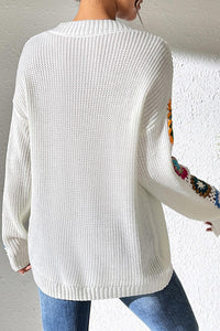 Fashion Hook Flower Long Sleeve V-Neck Loose Knitted Sweater