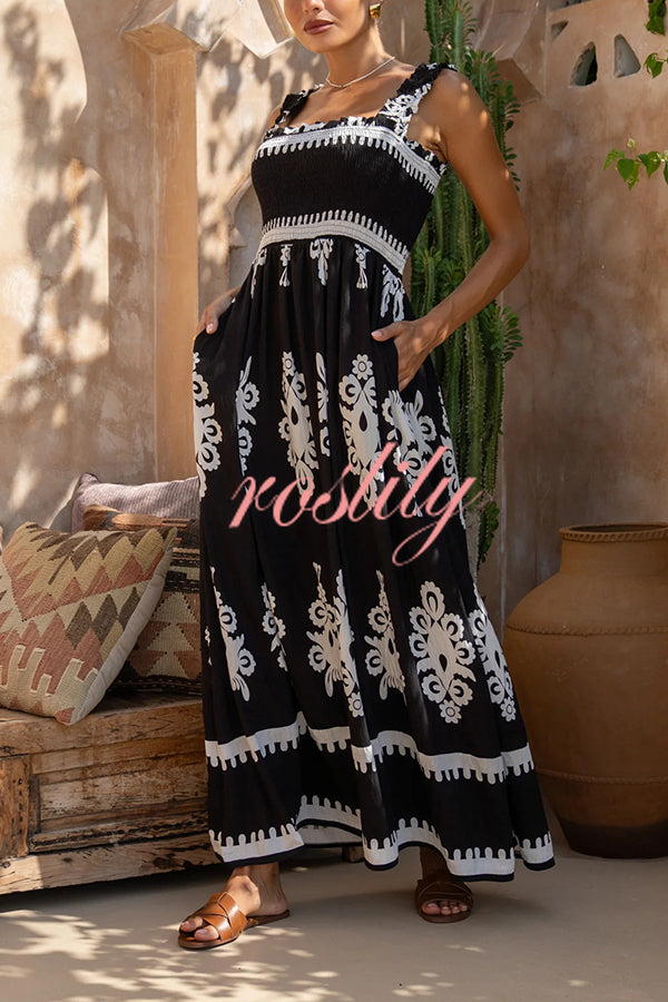 National Boho Style Unique Print Smocked Bust Wide Strap Pocket Maxi Dress