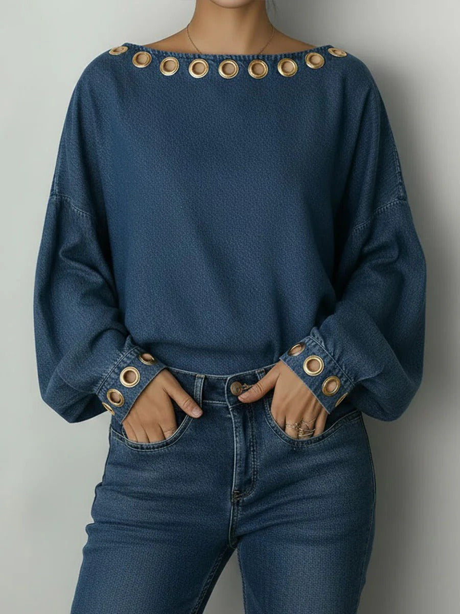 Round Neck Metal Eyelet Cutout Design Loose Long-sleeved Denim Top