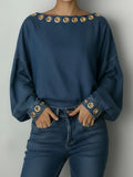 Round Neck Metal Eyelet Cutout Design Loose Long-sleeved Denim Top