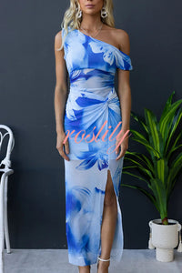 Escala Mesh Overlay Floral Print One Shoulder Cross Detail Slit Stretch Maxi Dress