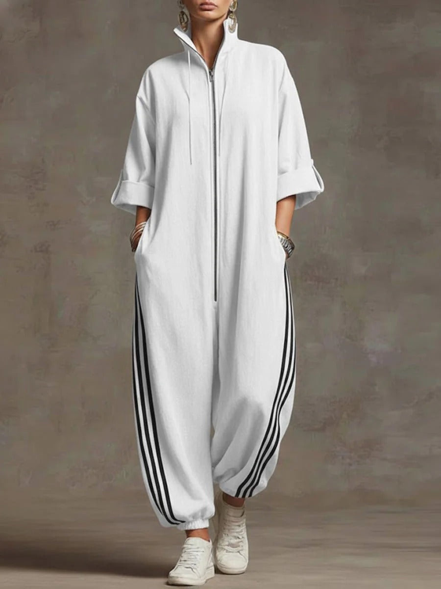 Stand-collar 3/4 Sleeve Casual Loose Hooded Linen Jumpsuit
