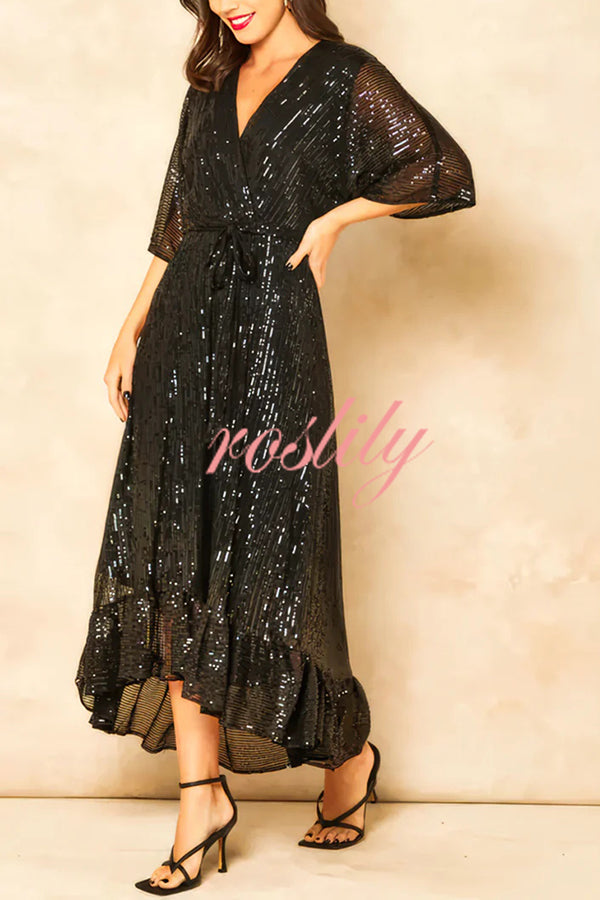 Solid Color Sequined V-neck Waist Tie Loose Maxi Dress