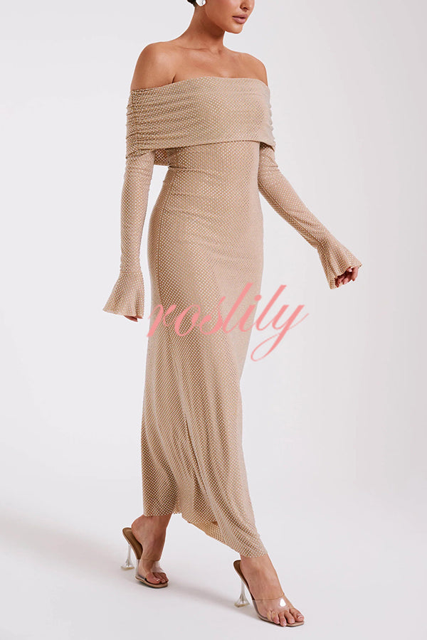 Sexy Shiny Off-The-Shoulder Long-Sleeved Fitted Maxi Dress