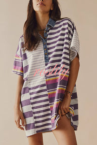 Contrast Striped Patchwork Denim Lapel Loose Casual Mini Dress