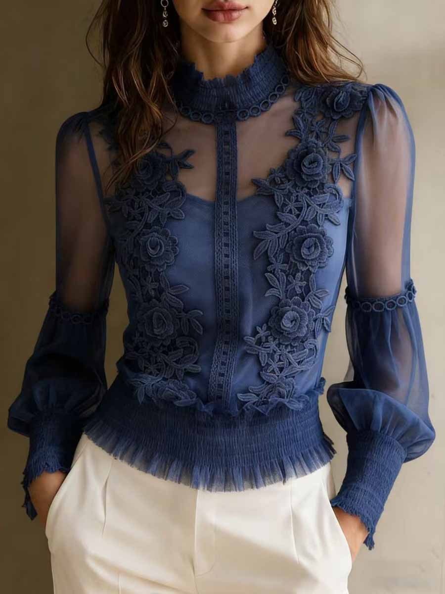 Lace High-Neck Sheer Blouse