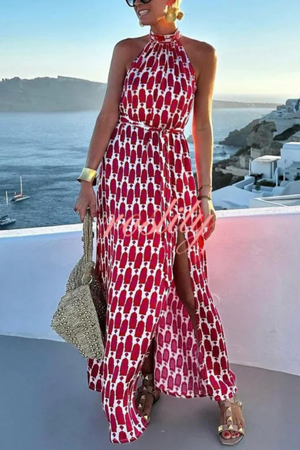 Unique Printed Sleeveless Halterneck Tie-waist Slit Maxi Dress