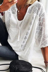 Cotton Linen Blend Patchwork Hollow Out Tassel Blouse