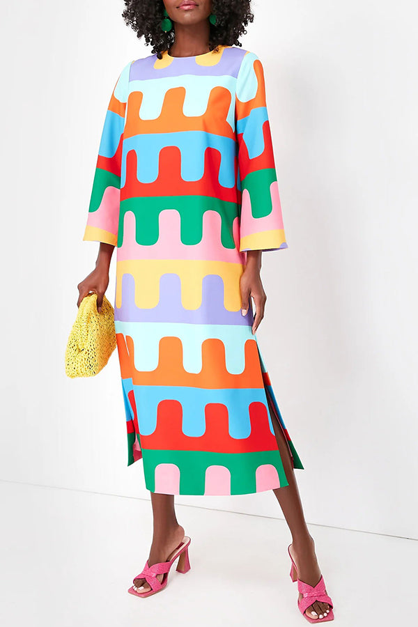 Bright Day Colorful Ripple Print Side Slit Midi Dress