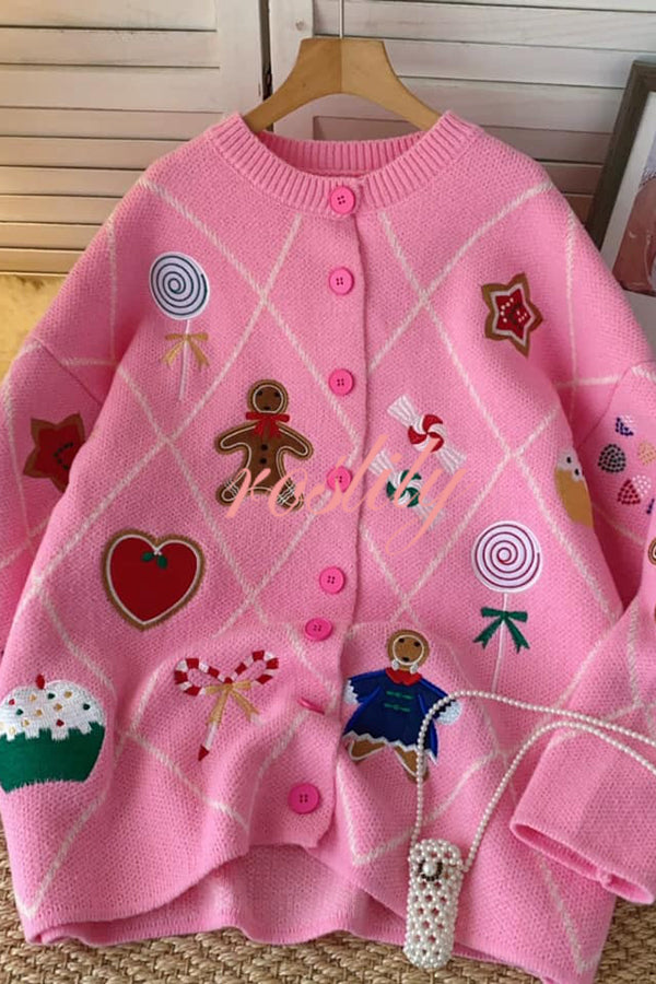 Argyle Candy Gingerbread Man Embroidered Button-knit Cardigan