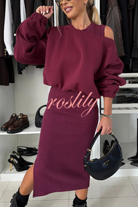 Lifestyle Wide Neck Relaxed Sweatshirt and Ribbed Tank Stretch Midi Dress Set