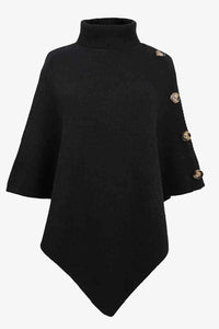 Solid Color Turtleneck Button-embellished Knitted Shawl Cape