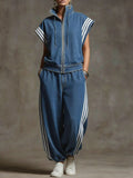 Stand-collar Short-sleeved Denim Top And High-waisted Wide-leg Jeans Set