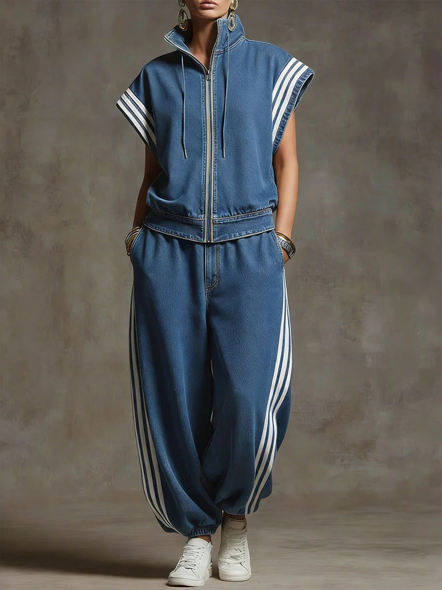 Stand-collar Short-sleeved Denim Top And High-waisted Wide-leg Jeans Set
