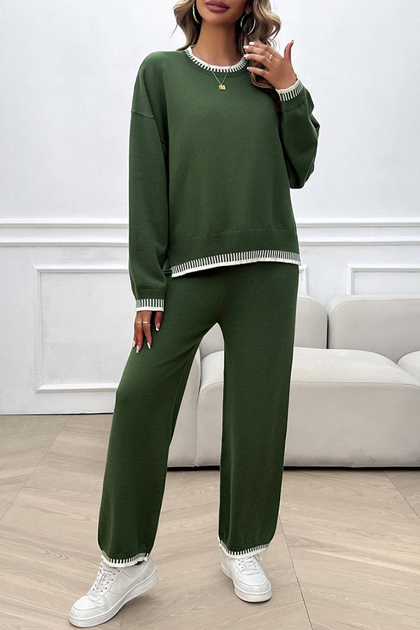 Home Casual Contrasting Color Knitted Sweater and Elastic Waist Loose Pants Set