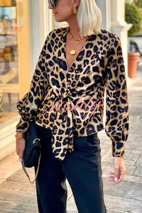 Janae Leopard Print Front Tie-up Lantern Sleeve Casual Blouse