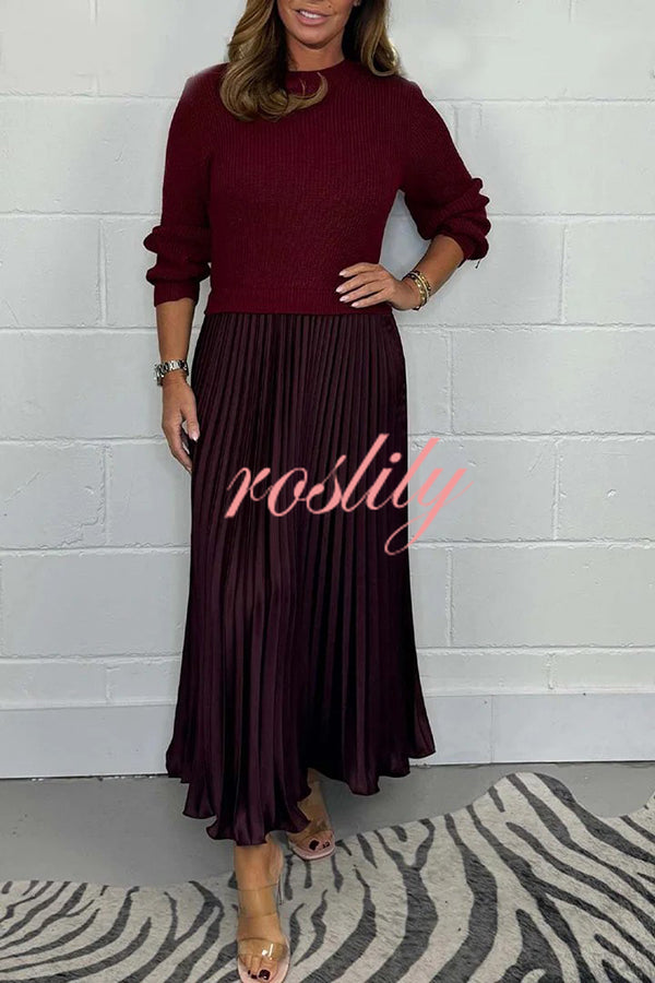 Stylish Knitted Round Neck Long Sleeve Patchwork Pleated Hem Maxi Dress