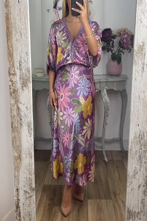Satin Floral Print V-neck Half-sleeve Loose Top and Elegant Maxi Skirt Set