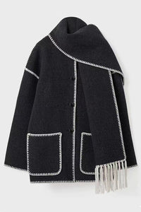 Stylish Loose Pocket Long Sleeve Coat and Warm Fringed Scarf