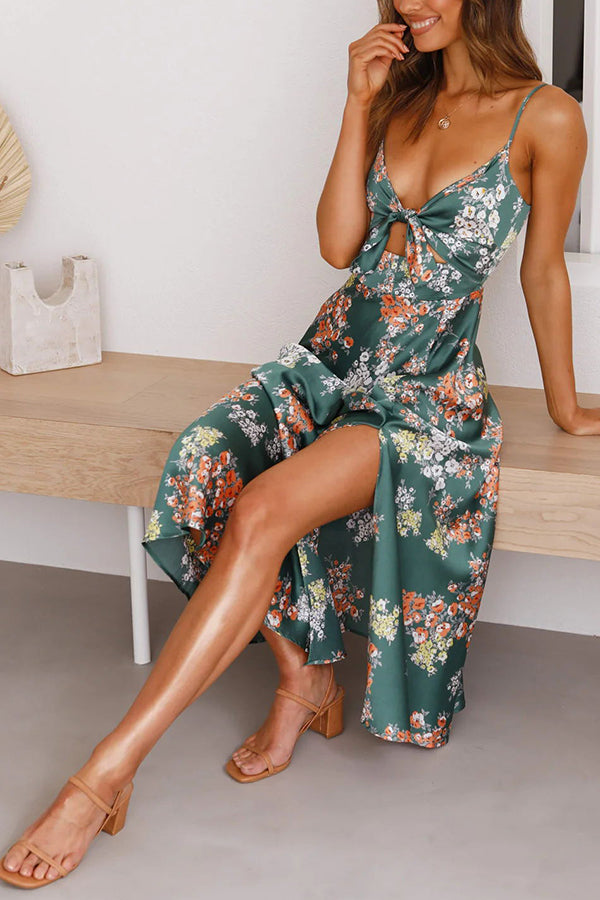 Dreamers Satin Floral Tie Up Slit Midi Dress