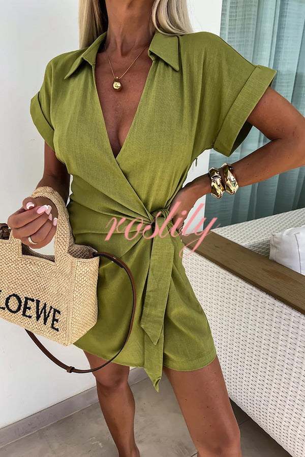 Relaxing Beach Linen Blend Solid Color Wrap Loose Shirt Romper