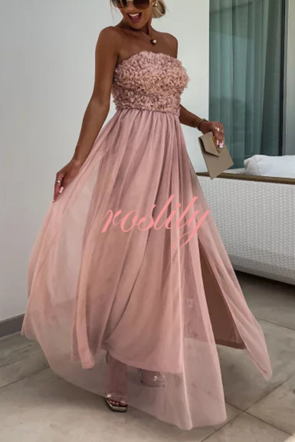 Romance and Lightness Tulle Floral Texture Pleated Patchwork Strapless Slit Maxi Dress