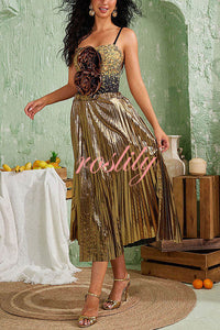 Fashion Metallic Fabric Elastic Waist Beach Midi Skirt