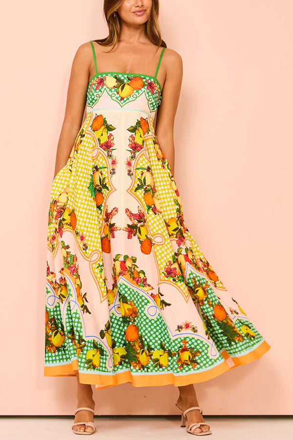 Enjoy Summer Lemon Linen Blend Unique Print Smocked Back Pocket Maxi Dress