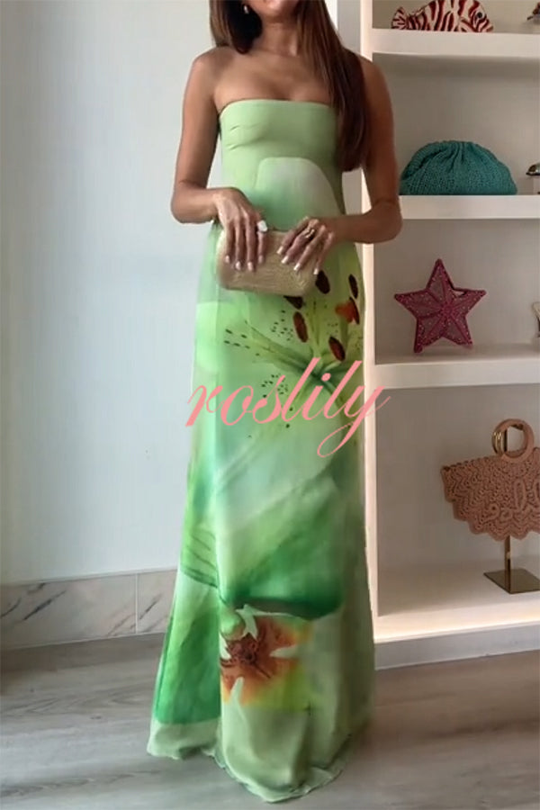 Smooth and Elegant Satin Unique Floral Print Off Shoulder Maxi Dress