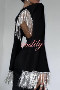 Fashionable Fringed Square Neck Bell Sleeves Hollow Back Mini Dress