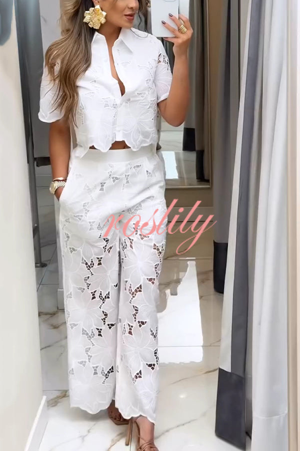 Solid Color Hollow Lace Lapel Short-sleeved Top and Elastic Waist Loose Pocket Pants Set